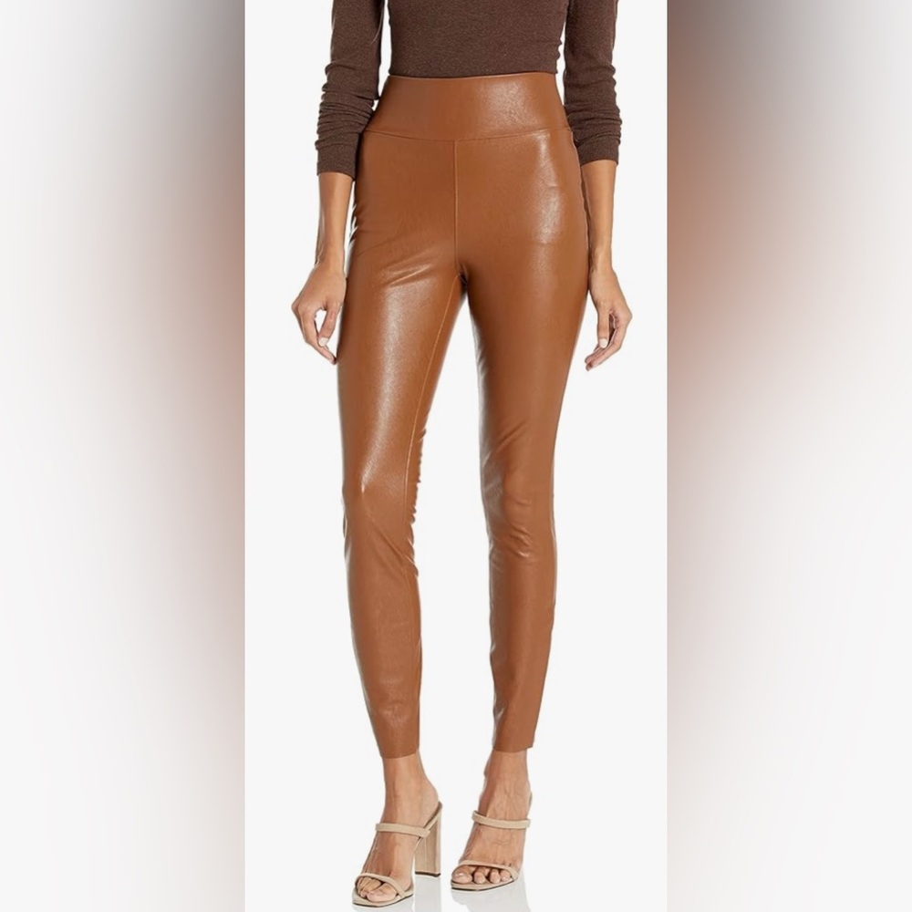 NWT Shinestar Tummy Tucker High Waist Faux Leather Leggings Camel Size L - Picture 3 of 12